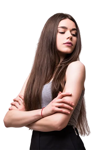 portrait stylish young pretty woman smiling grey t-shirt white wall isolated natural look long brown hair crossed arms